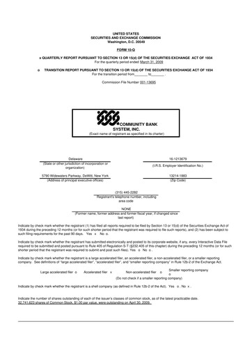 Thumbnail Community Financial System 10-Q Quarterly Report FY 