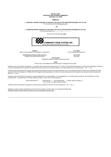 Thumbnail Community Financial System 10-Q Quarterly Report FY 