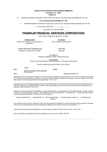 Thumbnail Franklin Financial Services Corporation 10-Q Quarterly Report FY2019 