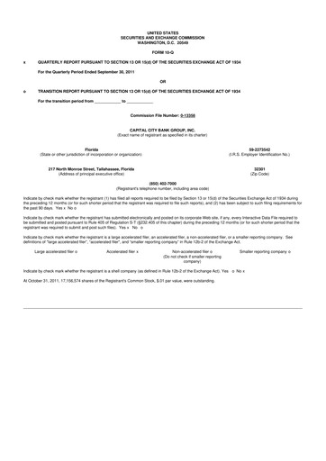 Miniature Capital City Bank Group
 10-Q Rapport trimestriel 2011 