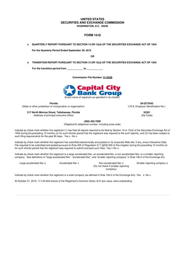 Miniature Capital City Bank Group
 10-Q Rapport trimestriel 2015 