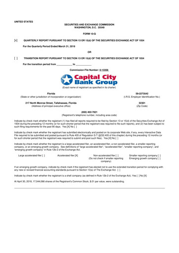 Miniature Capital City Bank Group
 10-Q Rapport trimestriel 2018 