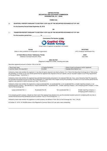 Miniature Capital City Bank Group
 10-Q Rapport trimestriel 2019 