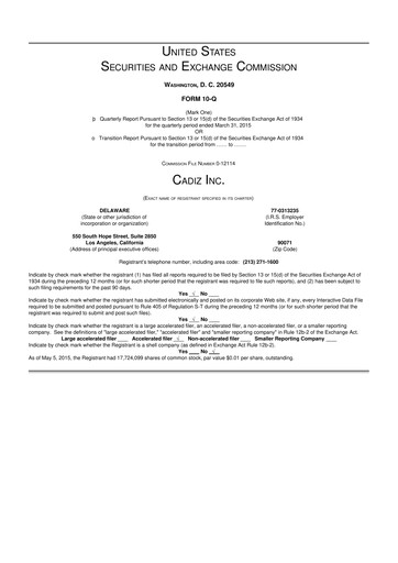 Miniature Cadiz Inc. 10-Q Rapport trimestriel 2015 