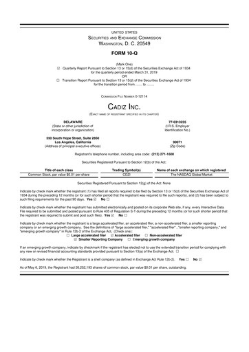 Miniature Cadiz Inc. 10-Q Rapport trimestriel 2019 