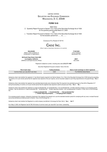 Miniature Cadiz Inc. 10-Q Rapport trimestriel 2020 