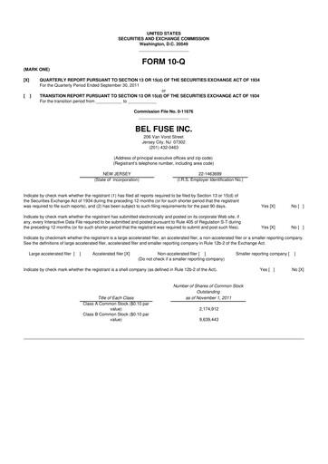 Thumbnail Bel Fuse 10-Q Quarterly Report FY2011 