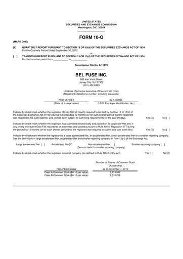 Thumbnail Bel Fuse 10-Q Quarterly Report FY2012 