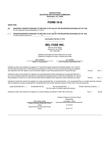 Thumbnail Bel Fuse 10-Q Quarterly Report FY2013 