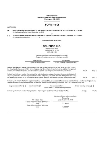 Thumbnail Bel Fuse 10-Q Quarterly Report FY2013 