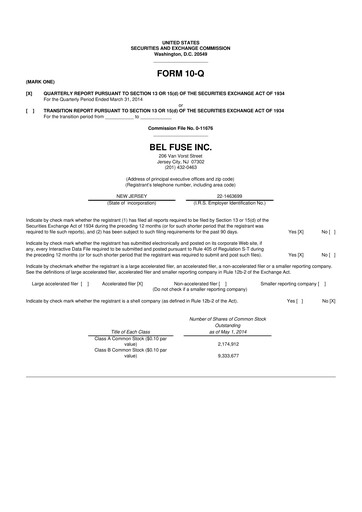 Thumbnail Bel Fuse 10-Q Quarterly Report FY2014 