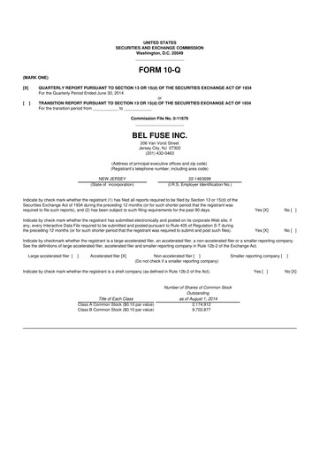Thumbnail Bel Fuse 10-Q Quarterly Report FY2014 