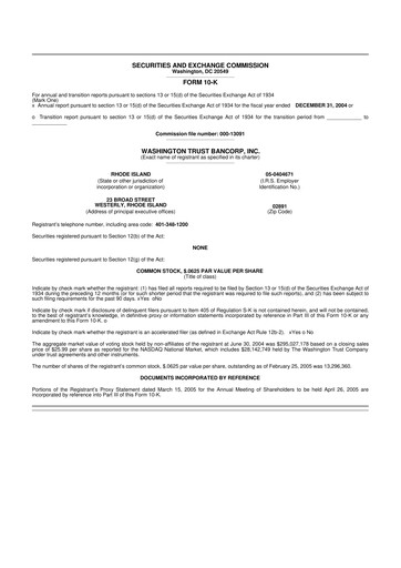 Thumbnail Washington Trust Bancorp 10-K Annual Report 