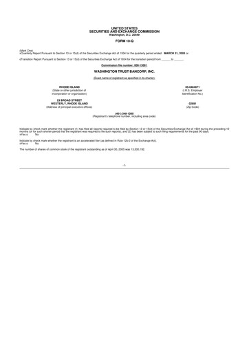 Thumbnail Washington Trust Bancorp 10-Q Quarterly Report FY 