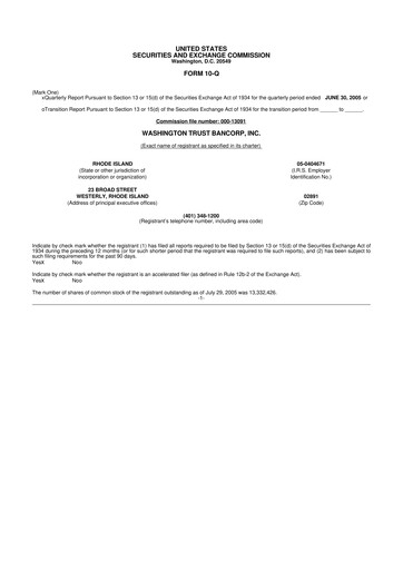Thumbnail Washington Trust Bancorp 10-Q Quarterly Report FY 