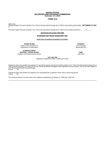Thumbnail Washington Trust Bancorp 10-Q Quarterly Report FY 