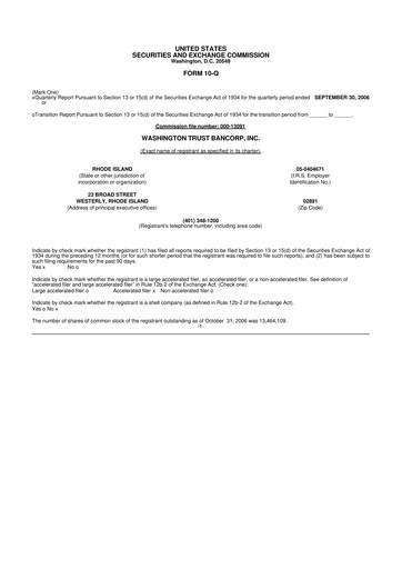 Thumbnail Washington Trust Bancorp 10-Q Quarterly Report FY 