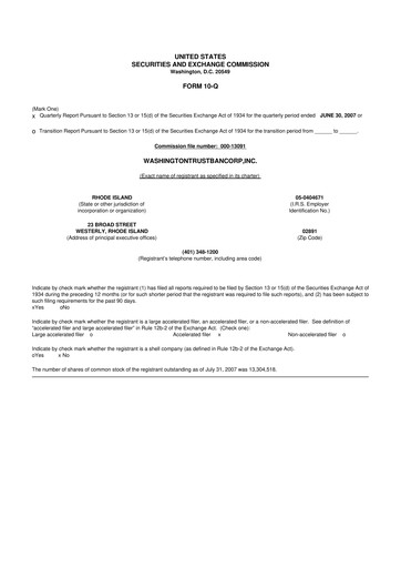 Thumbnail Washington Trust Bancorp 10-Q Quarterly Report FY 