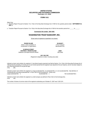Thumbnail Washington Trust Bancorp 10-Q Quarterly Report FY 