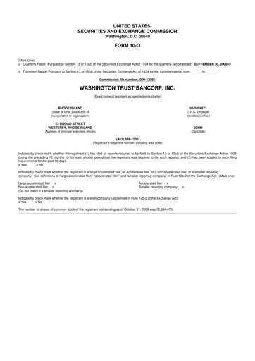 Thumbnail Washington Trust Bancorp 10-Q Quarterly Report FY 