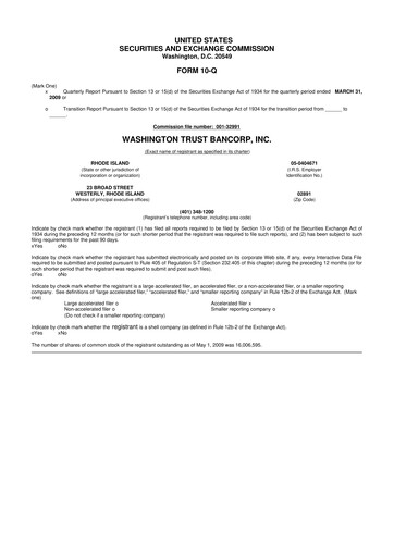 Thumbnail Washington Trust Bancorp 10-Q Quarterly Report FY 