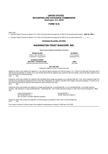 Thumbnail Washington Trust Bancorp 10-Q Quarterly Report FY 
