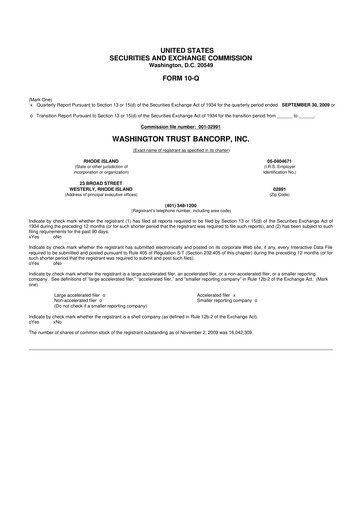 Thumbnail Washington Trust Bancorp 10-Q Quarterly Report FY 