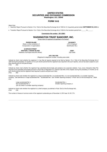Thumbnail Washington Trust Bancorp 10-Q Quarterly Report FY 