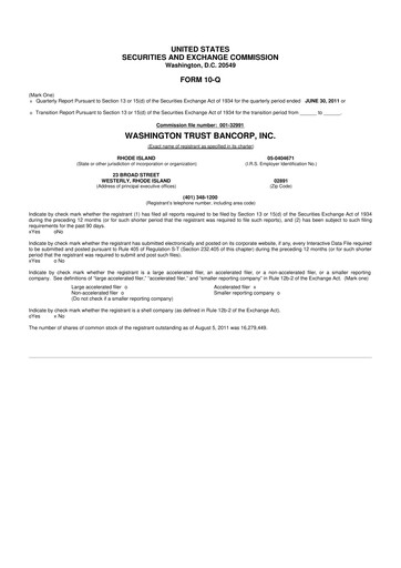Thumbnail Washington Trust Bancorp 10-Q Quarterly Report FY 