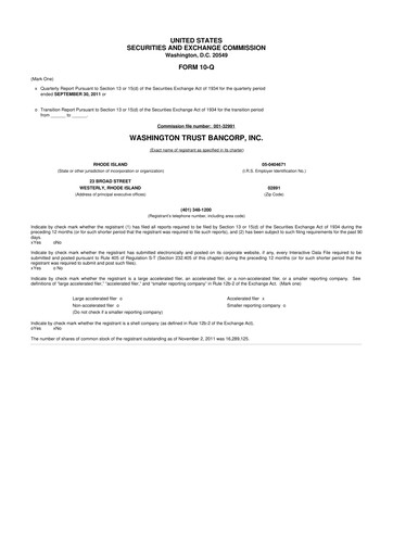 Thumbnail Washington Trust Bancorp 10-Q Quarterly Report FY 
