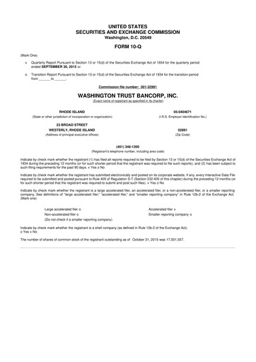 Thumbnail Washington Trust Bancorp 10-Q Quarterly Report FY2015 