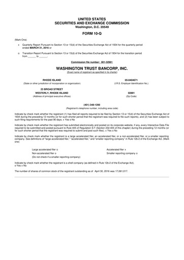 Thumbnail Washington Trust Bancorp 10-Q Quarterly Report FY2016 