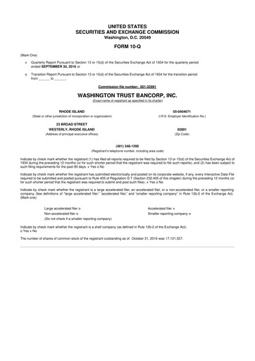 Thumbnail Washington Trust Bancorp 10-Q Quarterly Report FY2016 