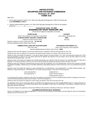 Thumbnail Washington Trust Bancorp 10-K Annual Report 2018