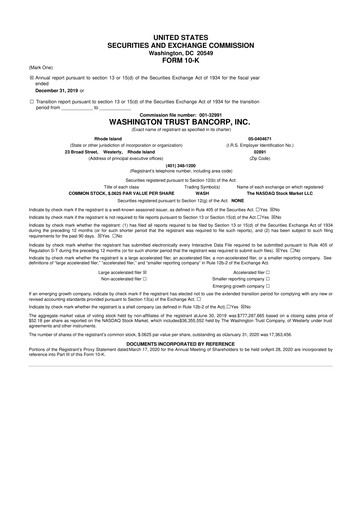 Thumbnail Washington Trust Bancorp 10-K Annual Report 2019