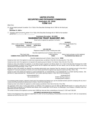 Thumbnail Washington Trust Bancorp 10-K Annual Report 2020