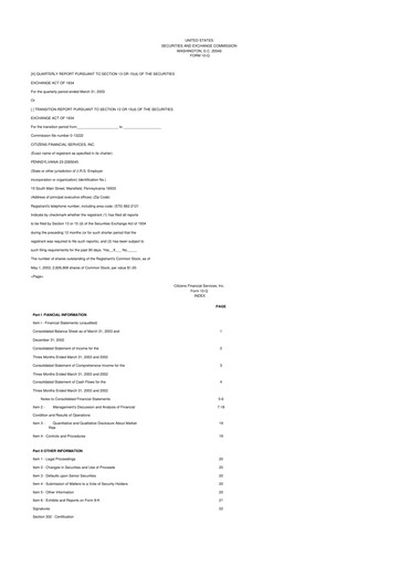 Miniature Citizens Financial Services 10-Q Rapport trimestriel  
