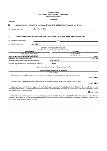 Miniature Citizens Financial Services 10-K Rapport annuel 