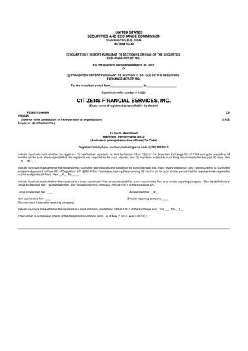 Miniature Citizens Financial Services 10-Q Rapport trimestriel 2012 