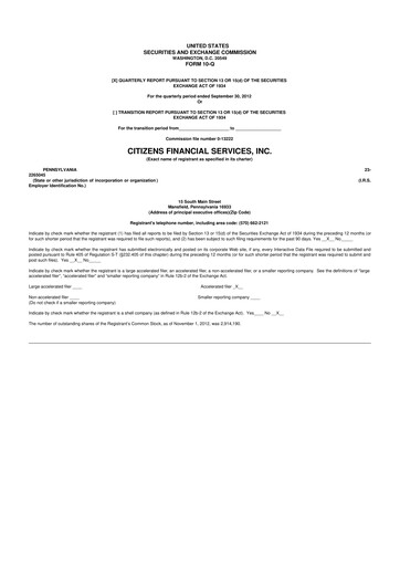 Miniature Citizens Financial Services 10-Q Rapport trimestriel 2012 