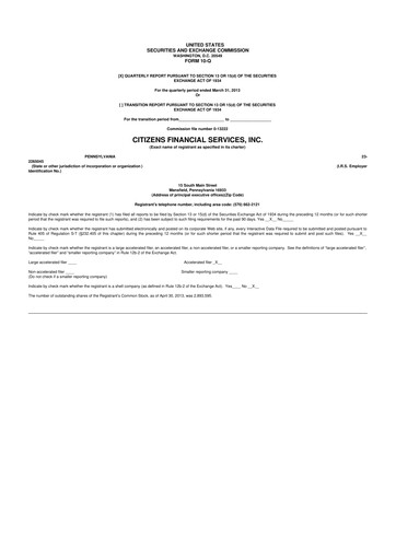 Miniature Citizens Financial Services 10-Q Rapport trimestriel 2013 