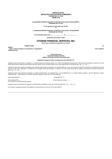 Miniature Citizens Financial Services 10-Q Rapport trimestriel 2013 