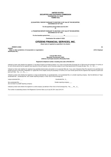 Miniature Citizens Financial Services 10-Q Rapport trimestriel 2014 