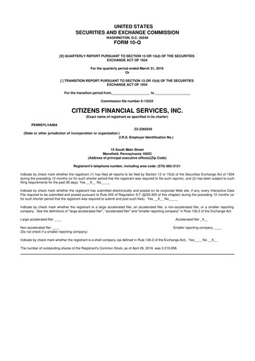 Miniature Citizens Financial Services 10-Q Rapport trimestriel 2016 