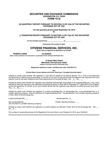 Miniature Citizens Financial Services 10-Q Rapport trimestriel 2016 