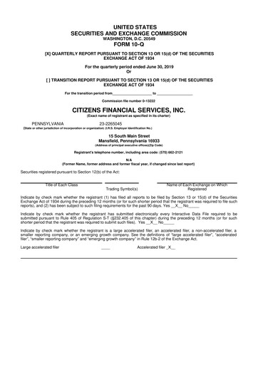 Miniature Citizens Financial Services 10-Q Rapport trimestriel 2019 