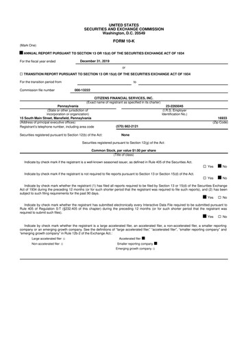 Miniature Citizens Financial Services 10-K Rapport annuel 2019