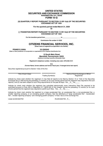 Miniature Citizens Financial Services 10-Q Rapport trimestriel 2020 