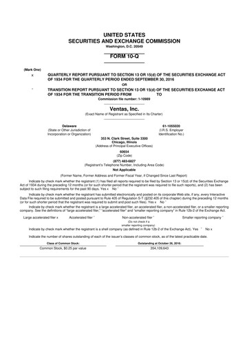 Miniature Ventas 10-Q Rapport trimestriel 2016 