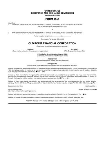 Thumbnail Old Point Financial 10-Q Quarterly Report FY2015 